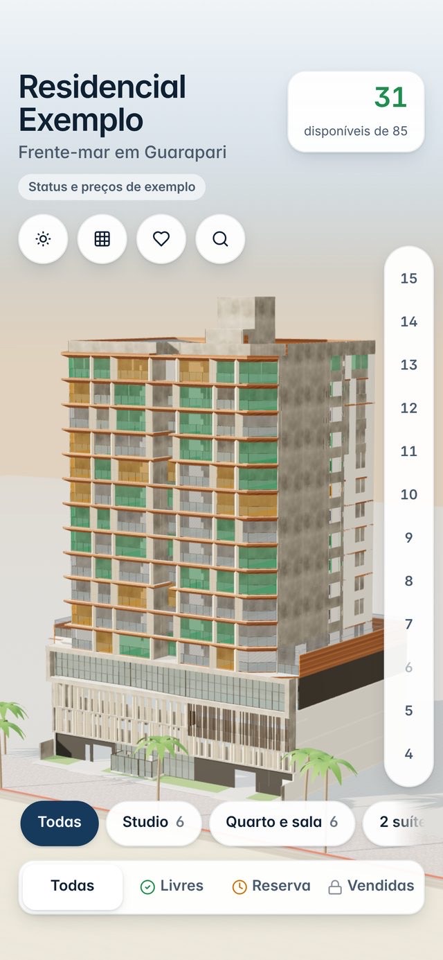 Tela inicial do View: o prédio em 3D com as unidades disponíveis